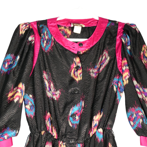 Vintage Robbie Bee Midi Dress Womens 7 or 8 Black Pink Paisly Artsy Shoulder Pad - Picture 3 of 14